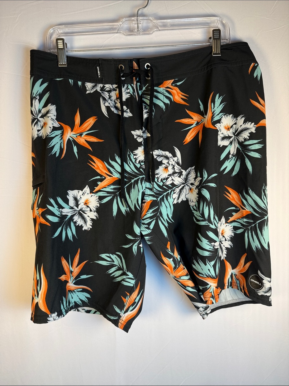 O’Neill Men's Black Floral Swim Board Shorts with Orange & Teal Accents